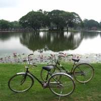 The bikes and the pond in Sukhothai historical park, SUkhothai.  www.chiangmaitourcenter.com